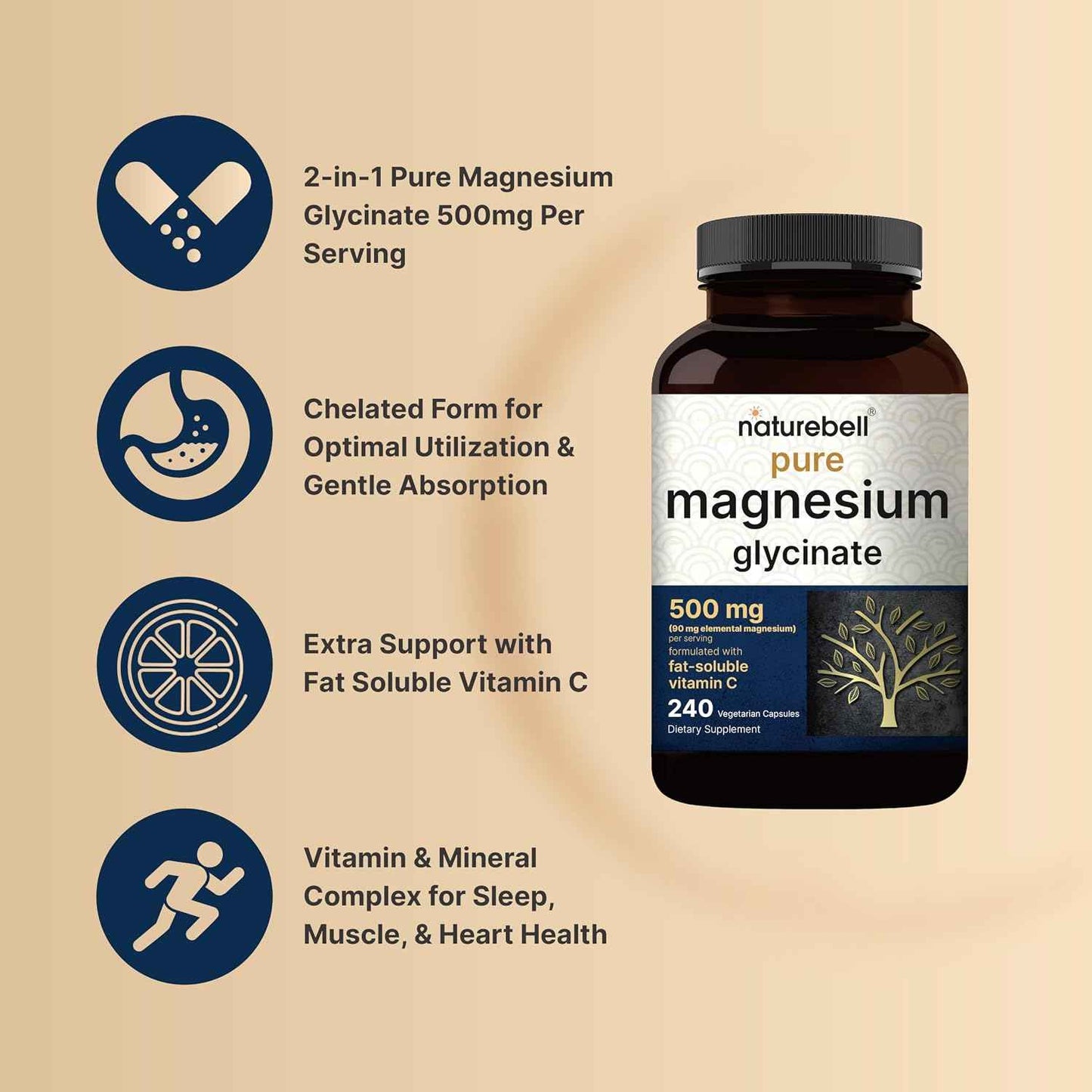 Naturebell Pure Magnesium Glycinate 500mg Chelated 240 Veggie Capsules