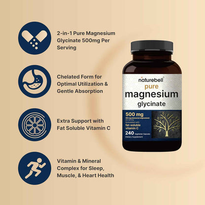 Naturebell Pure Magnesium Glycinate 500mg Chelated 240 Veggie Capsules