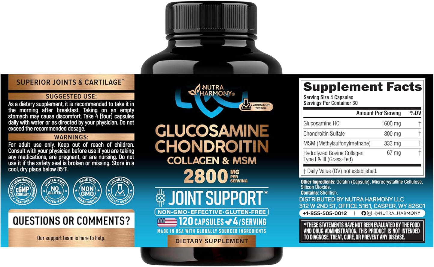 Nutra Harmony Glucosamine Chondroitin MSM Collagen Joint Supplement 2800mg 120 Capsules
