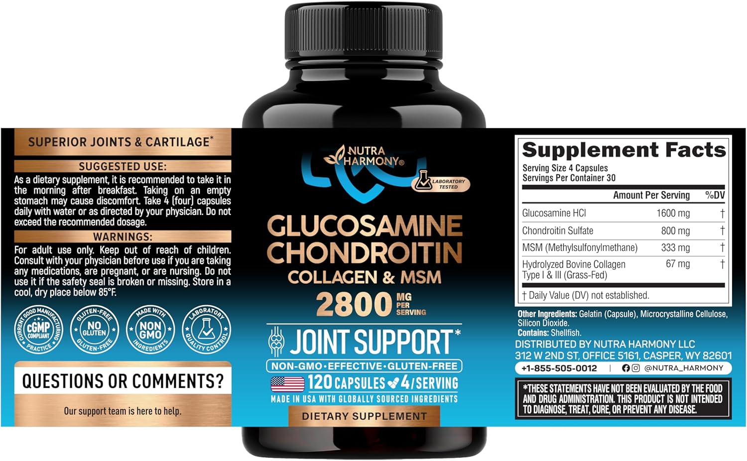 Nutra Harmony Glucosamine Chondroitin MSM Collagen Joint Supplement 2800mg 120 Capsules