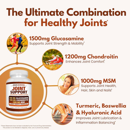 Arazo Nutrition Glucosamine Chondroitin Turmeric MSM Boswellia Joint Support Supplement 180 Tablets