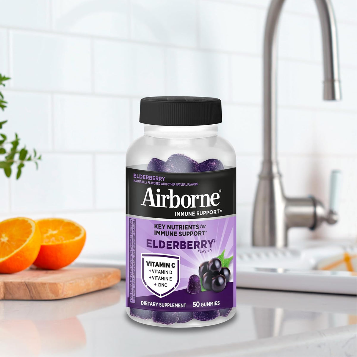 Airborne Elderberry Zinc Vitamin C Gummies Adults Immune Support 50 Count