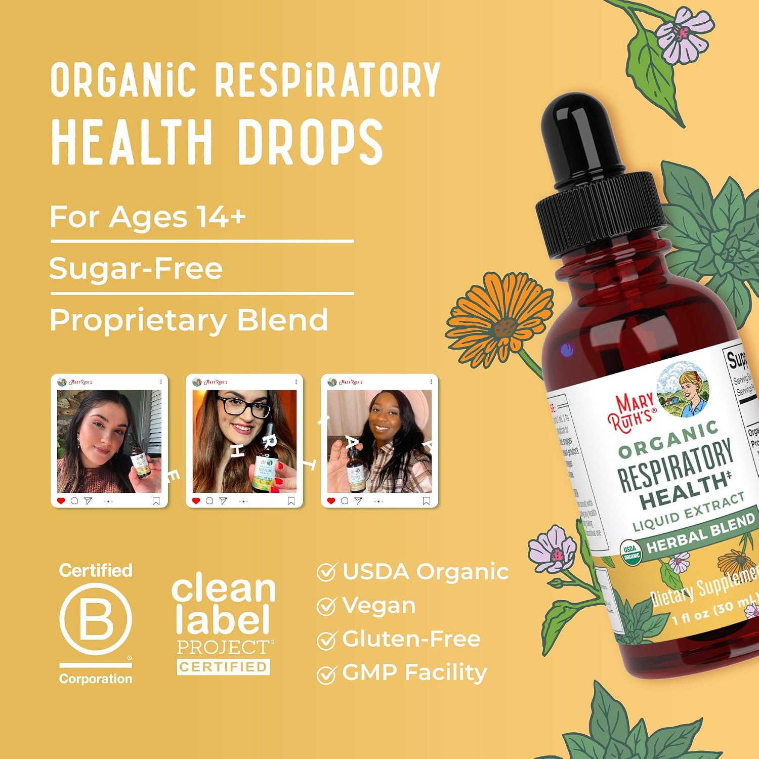 MARYRUTH'S USDA Organic Respiratory Health Herbal Support Liquid Drops