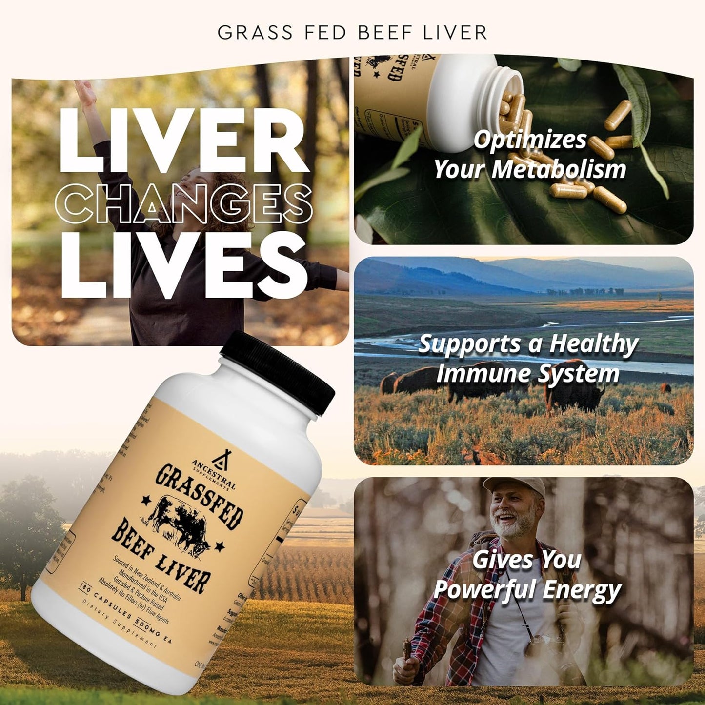 Ancestral Supplements Grass Fed Beef Liver 180 Capsules Freeze Dried