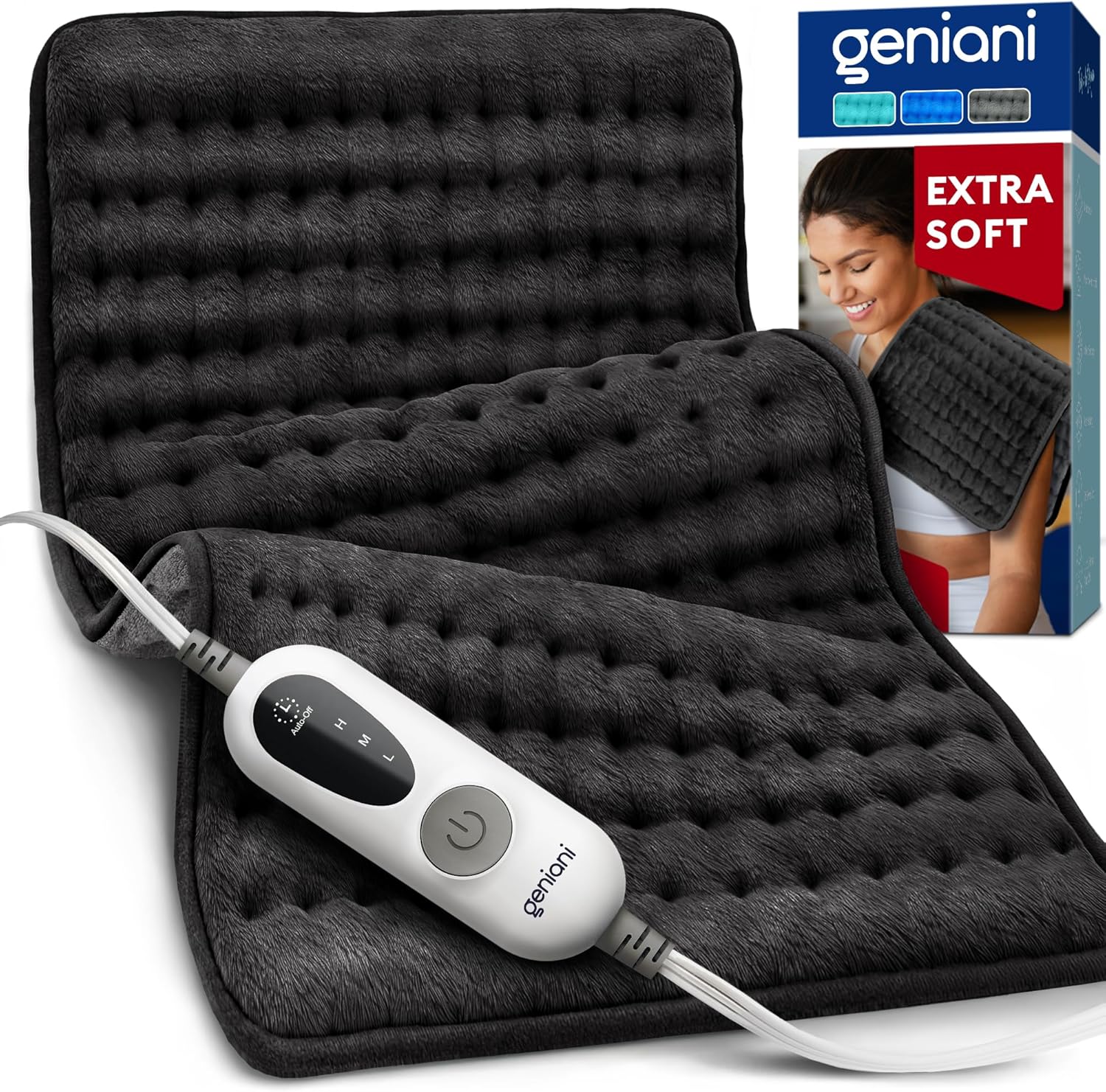 GENIANI Electric Heating Pad Microplush Auto Shut Off Machine Washable for Back Pain Cramps Neck Shoulder Relief