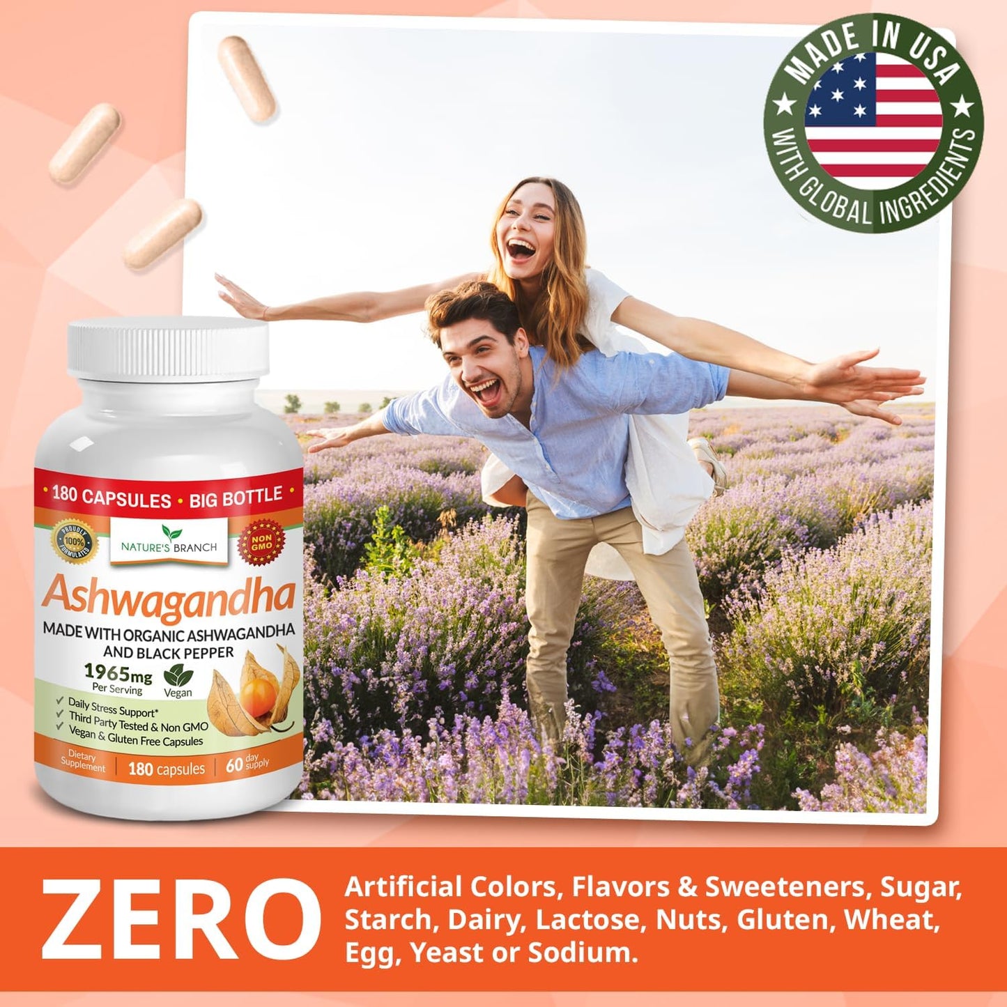 Nature's Branch Organic Ashwagandha Stress Sleep Mood Support Capsules 180 Count