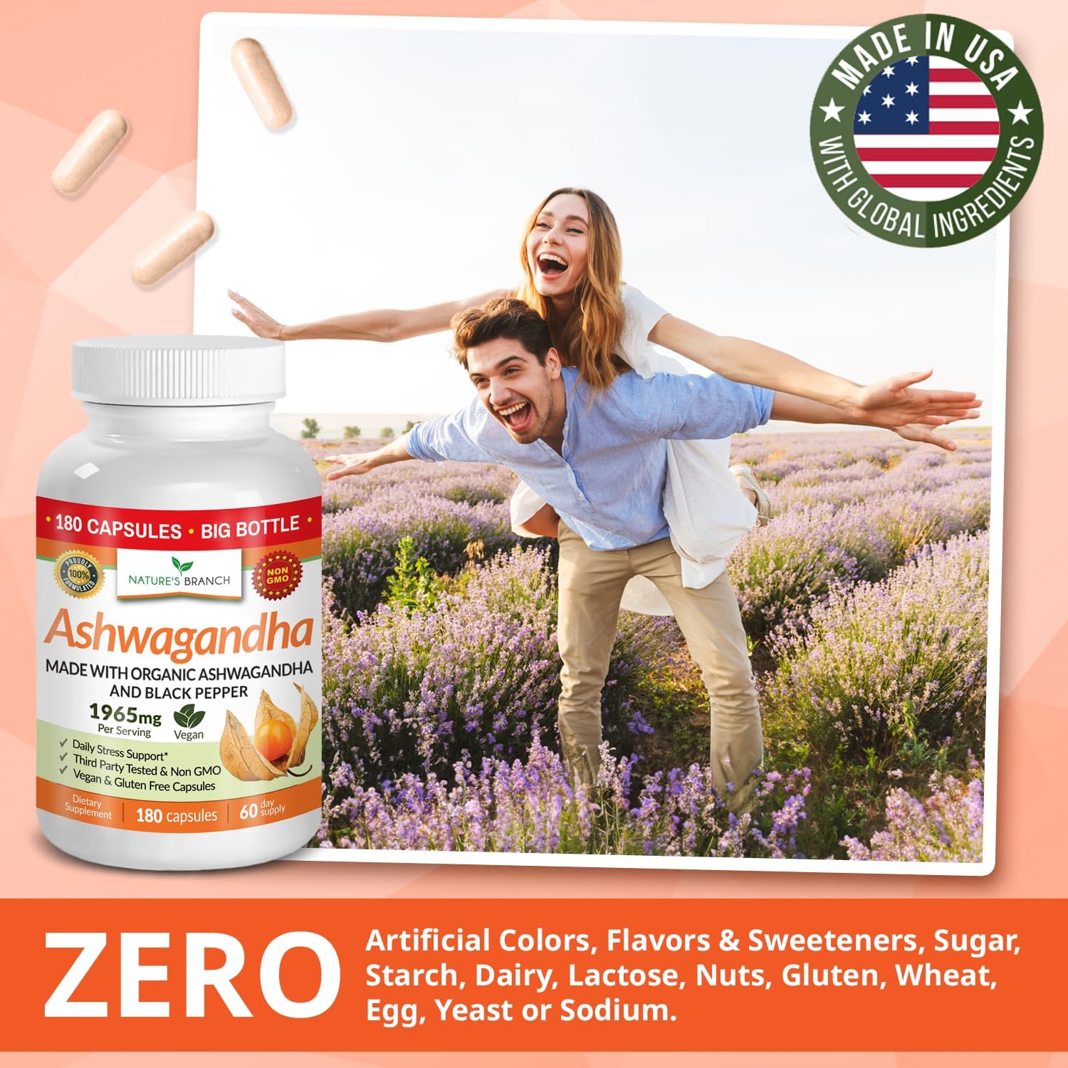 Nature's Branch Organic Ashwagandha Stress Sleep Mood Support Capsules 180 Count