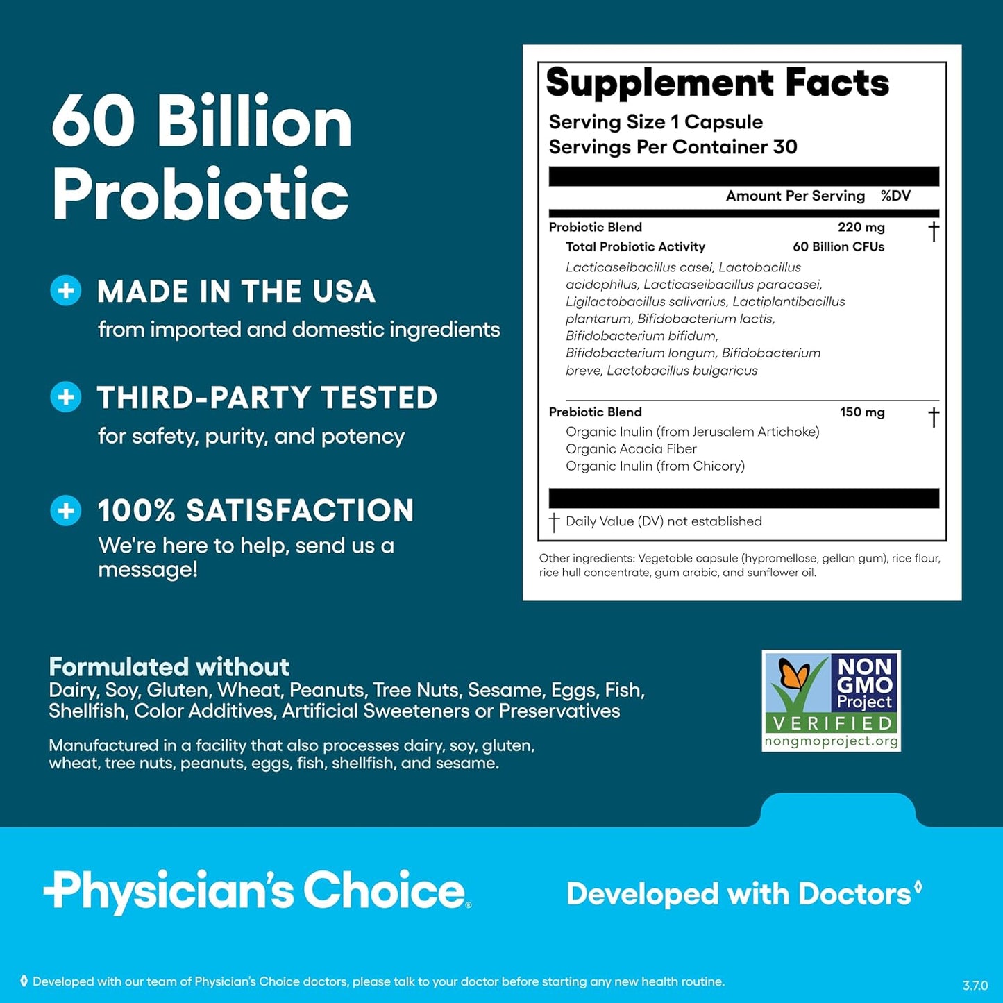 Physician's CHOICE Probiotic Supplement 60 Billion CFU Organic Prebiotics 30ct