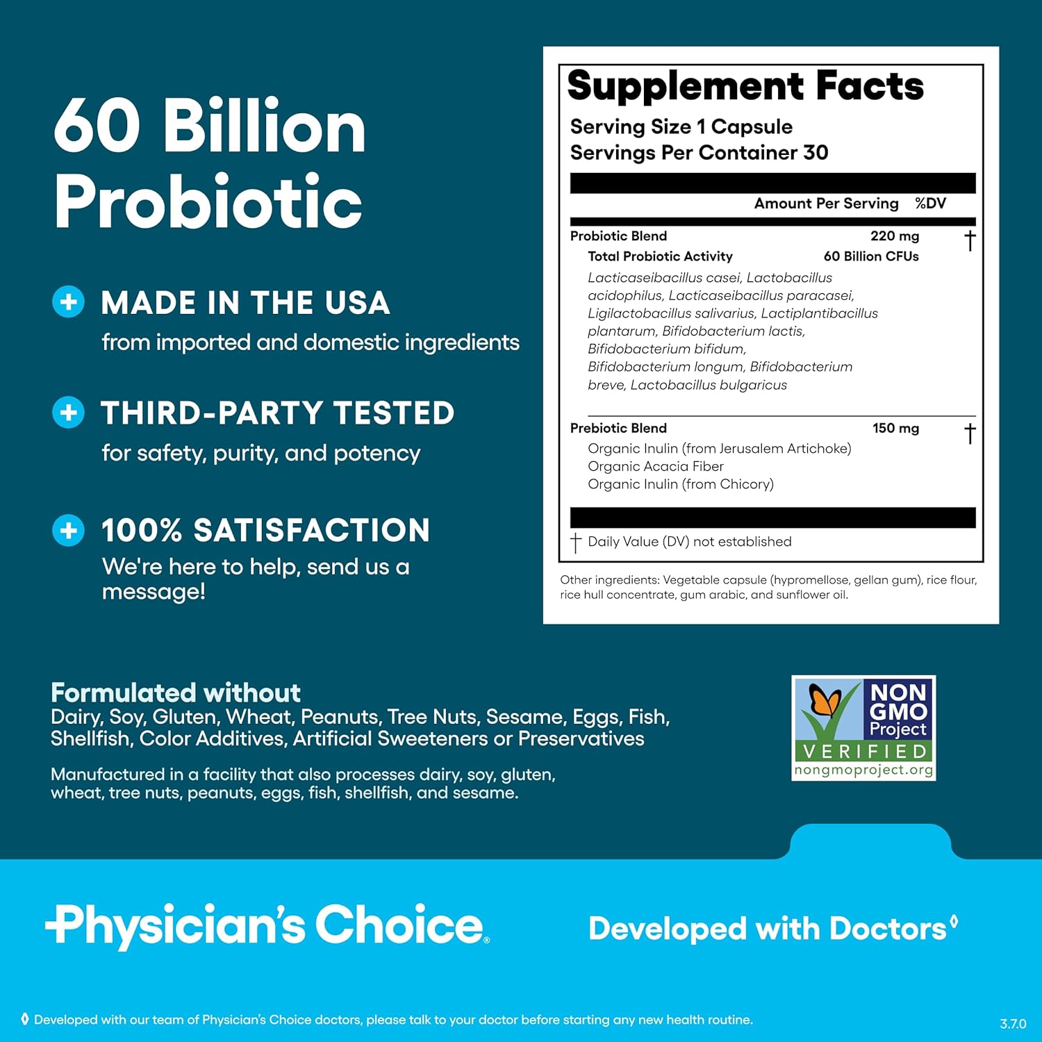 Physician's CHOICE Probiotic Supplement 60 Billion CFU Organic Prebiotics 30ct