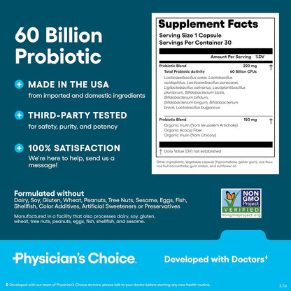 Physician's CHOICE Probiotic Supplement 60 Billion CFU Organic Prebiotics 30ct