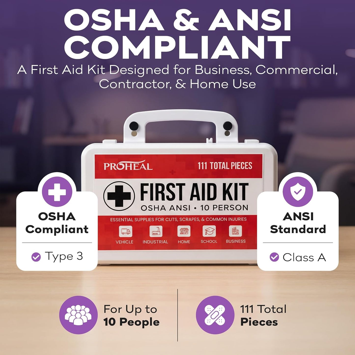 ProHeal OSHA Compliant First Aid Kit Type III ANSI Class A 111 Pieces Latex Free Wall Mountable for Car Home Office Truck Construction 10 Person