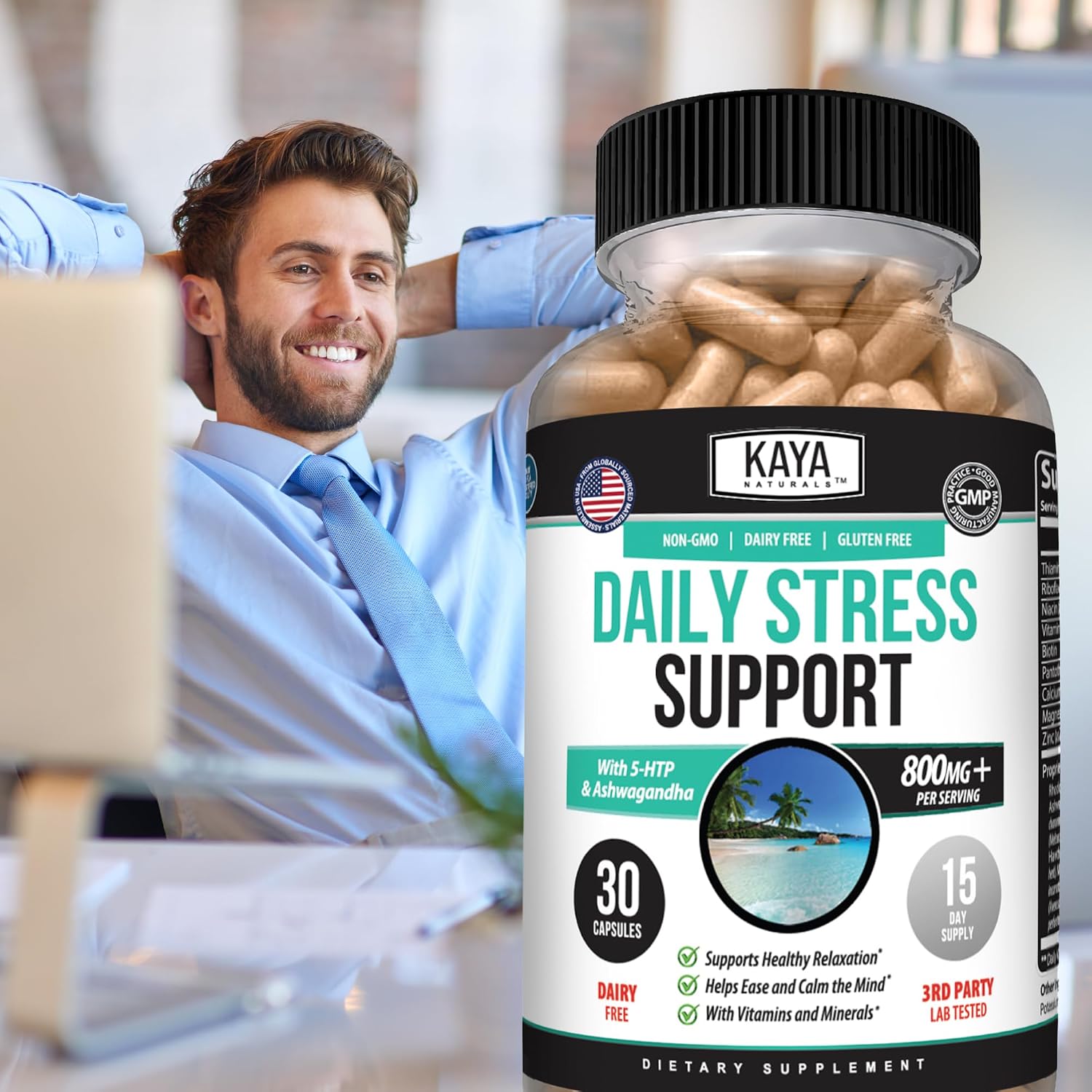 Kaya Naturals Ashwagandha GABA Daily Stress Mood Support Capsules