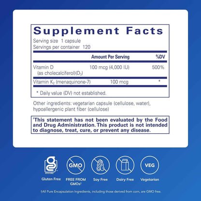 Pure Encapsulations Vitamin D3 & K2 Bone & Vascular Support Supplement 120 Capsules
