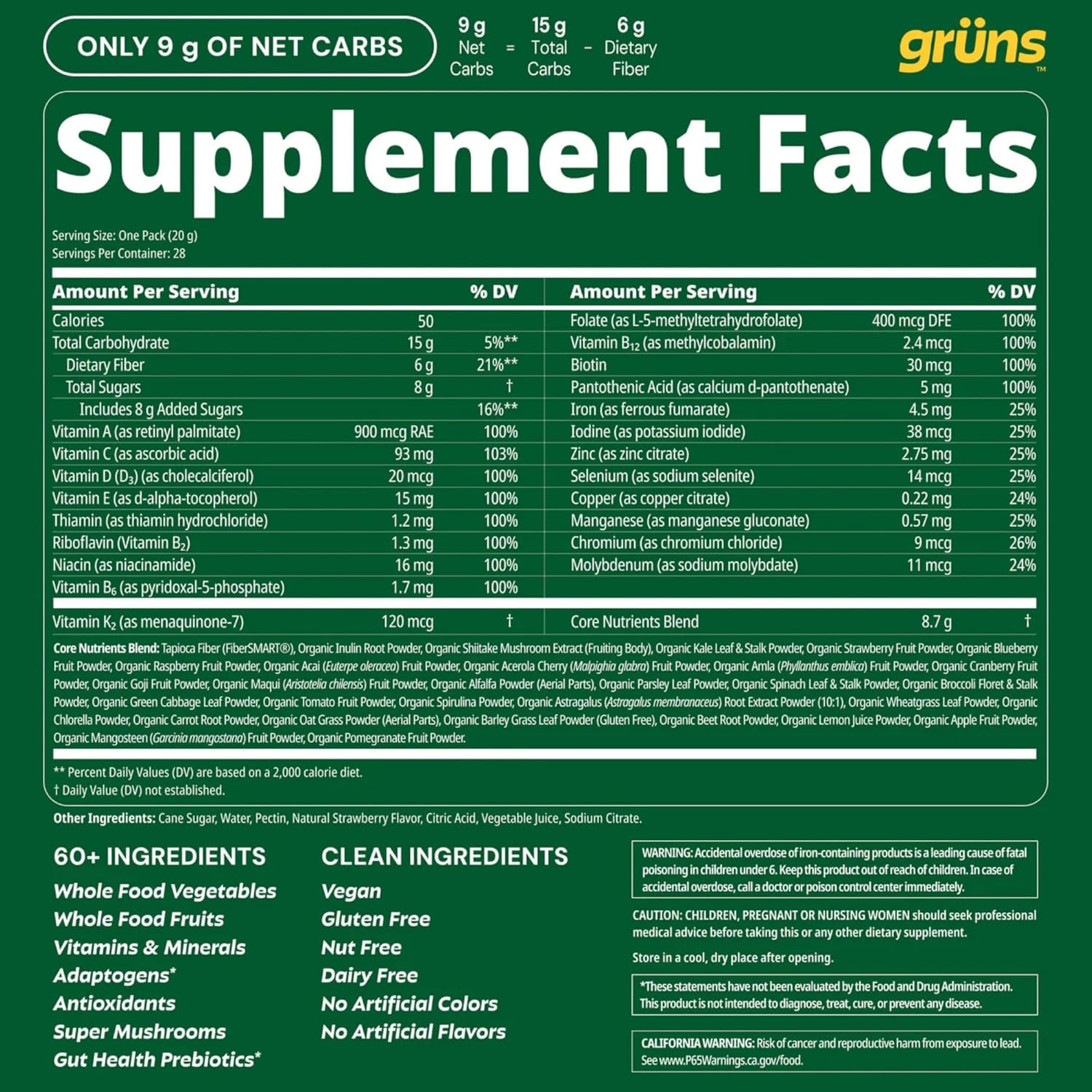 Gruns Adult Super Greens Multivitamin Gummies with Spirulina and Prebiotic Fiber