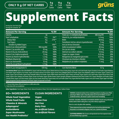 Gruns Adult Super Greens Multivitamin Gummies with Spirulina and Prebiotic Fiber