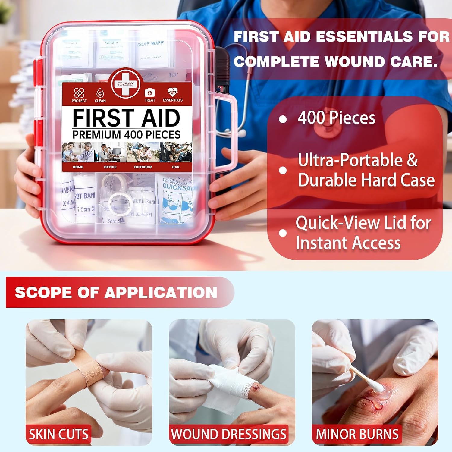 TLIEAO 400 Pieces All-Purpose First Aid Kit Organized Dual-Layer Wall 100-Person Professional Medical Kit for Home Car Camping Travel Office Outdoor Business Sports