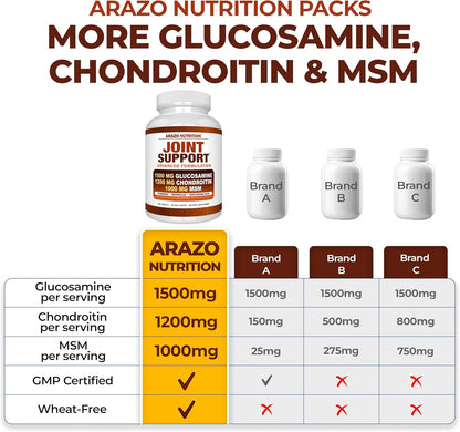 Arazo Nutrition Glucosamine Chondroitin Turmeric MSM Boswellia Joint Support Supplement 180 Tablets