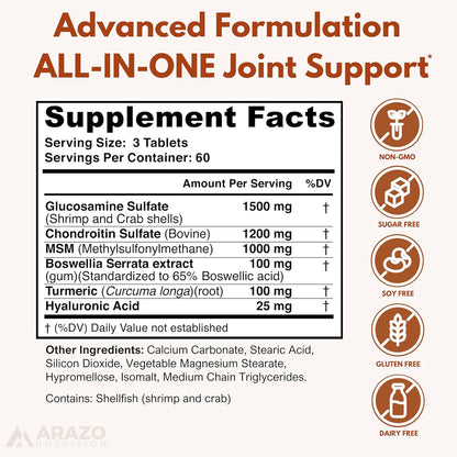 Arazo Nutrition Glucosamine Chondroitin Turmeric MSM Boswellia Joint Support Supplement 180 Tablets