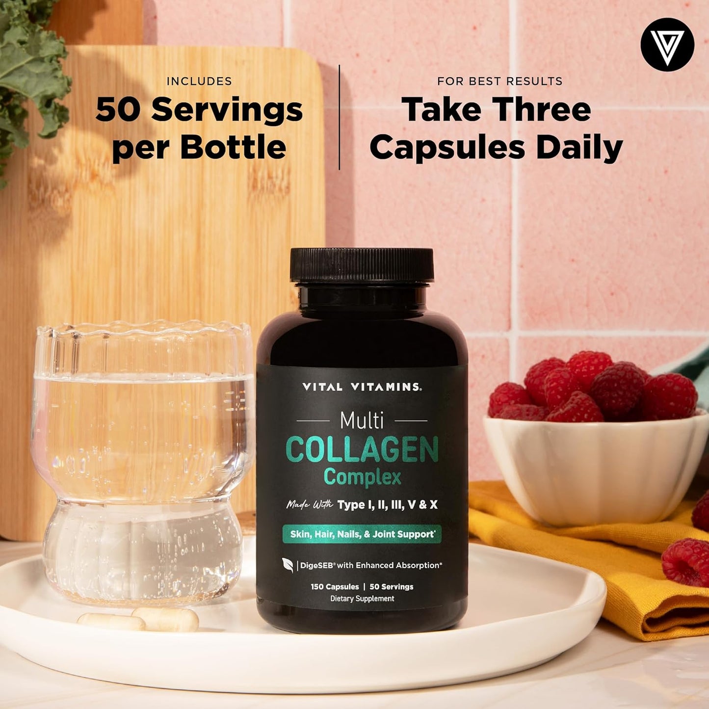 Vital Vitamins Multi Collagen Peptides Capsules Types I II III V X 150 Count