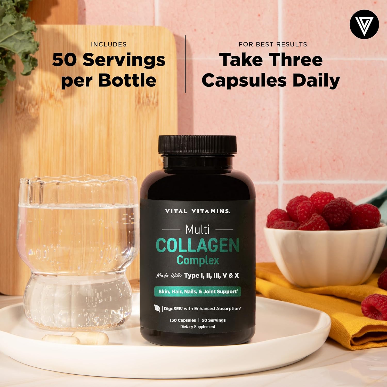 Vital Vitamins Multi Collagen Peptides Capsules Types I II III V X 150 Count