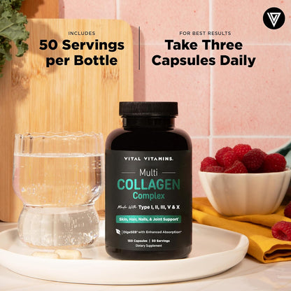 Vital Vitamins Multi Collagen Peptides Capsules Types I II III V X 150 Count