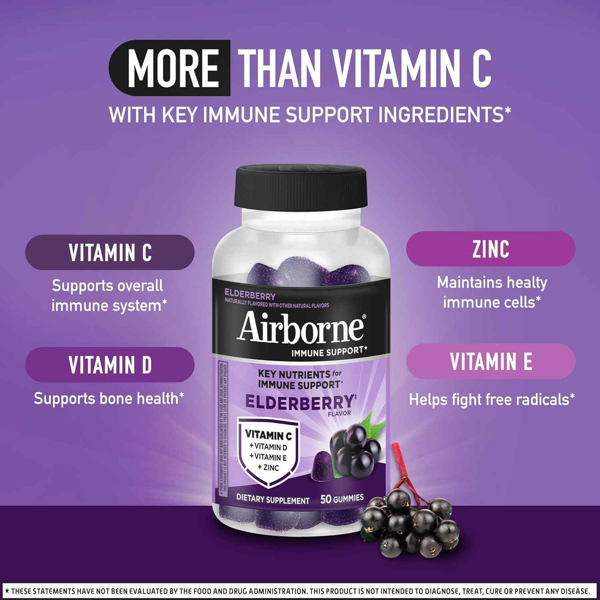 Airborne Elderberry Zinc Vitamin C Gummies Adults Immune Support 50 Count