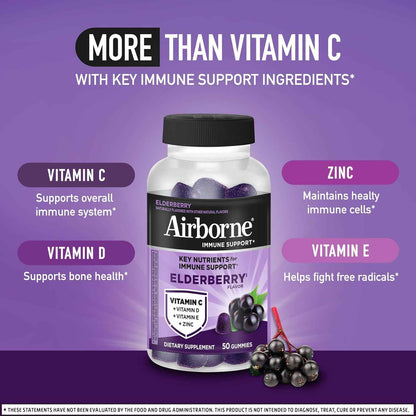Airborne Elderberry Zinc Vitamin C Gummies Adults Immune Support 50 Count