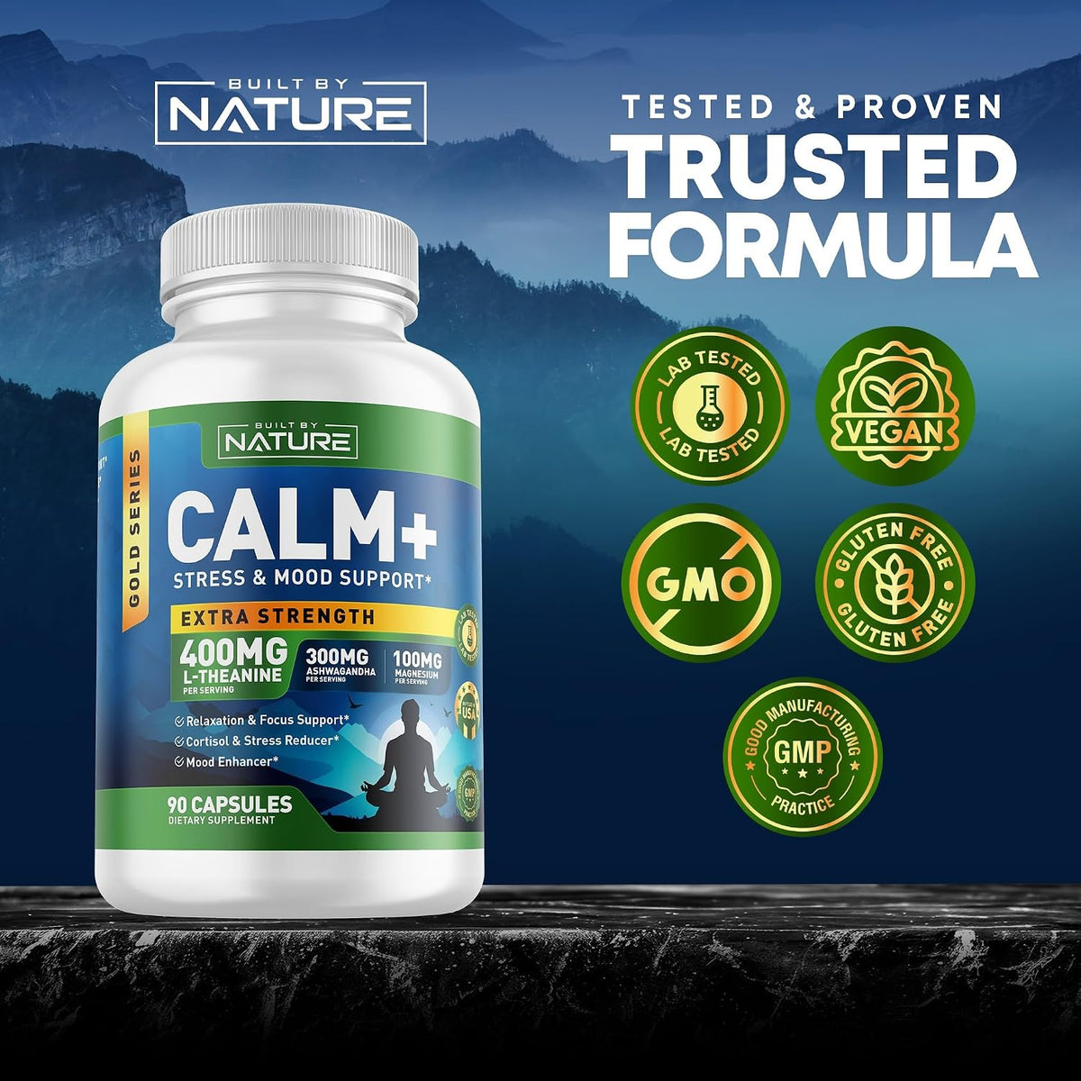Built by Nature Calm+ Ashwagandha Cortisol Stress Mood Support Capsules 90 Count