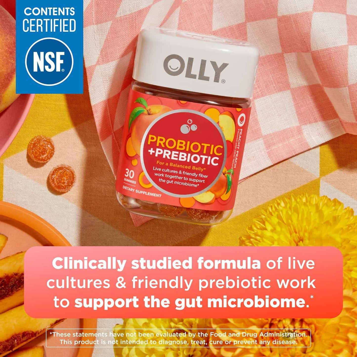 Olly Probiotic + Prebiotic Gummy Supplement Peach 500 Million CFUs 30 Count