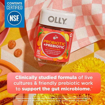 Olly Probiotic + Prebiotic Gummy Supplement Peach 500 Million CFUs 30 Count