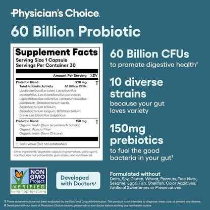 Physician's CHOICE Probiotic Supplement 60 Billion CFU Organic Prebiotics 30ct
