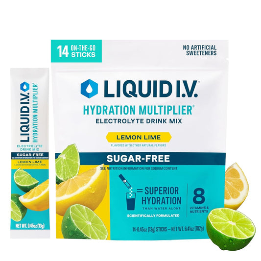 Liquid I.V. Sugar Free Hydration Electrolyte Drink Mix 14 Count, sports drink mix with electrolytes in a clear package.
