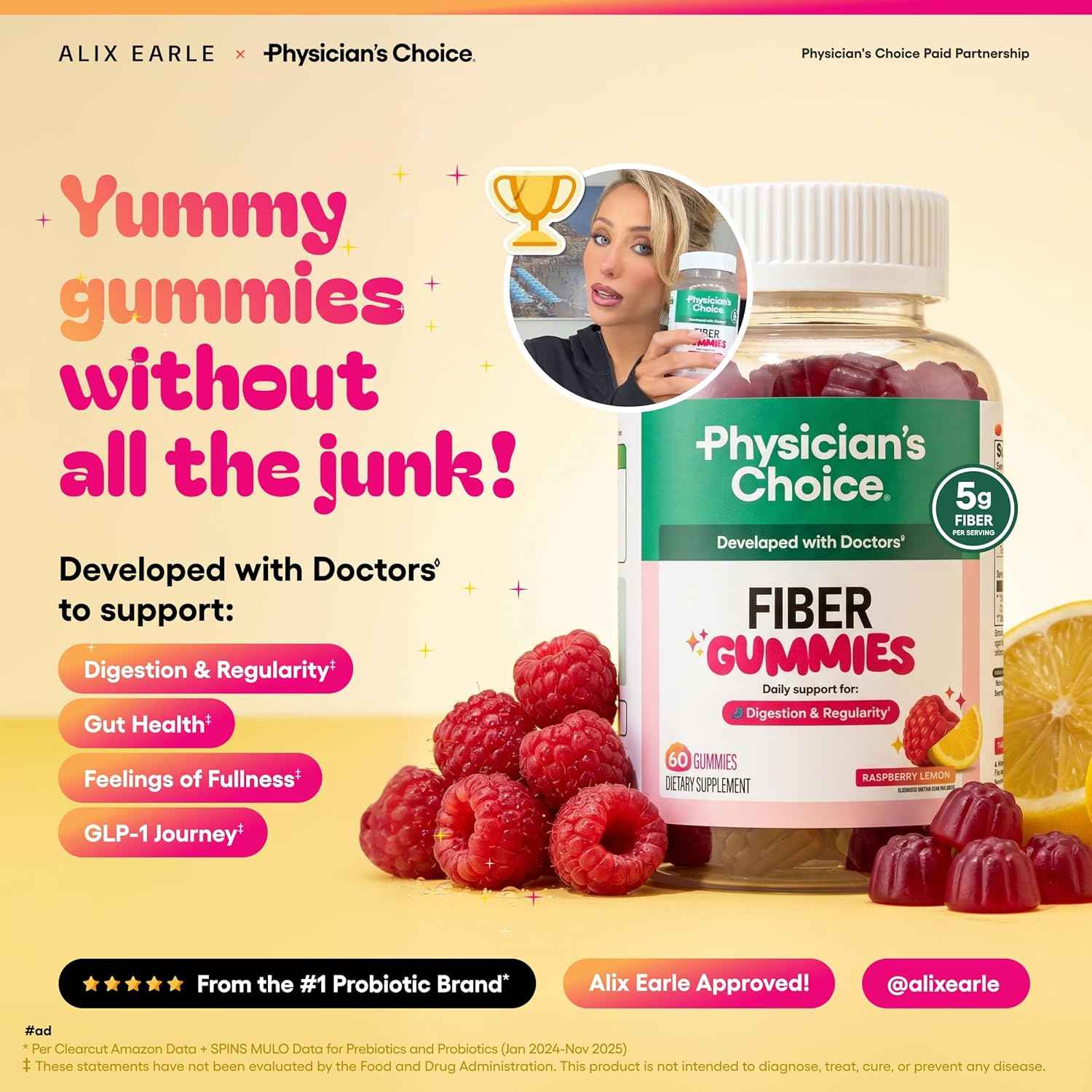 Physician's Choice Fiber Gummies for GLP-1 Support, Raspberry Lemon, 60 Count