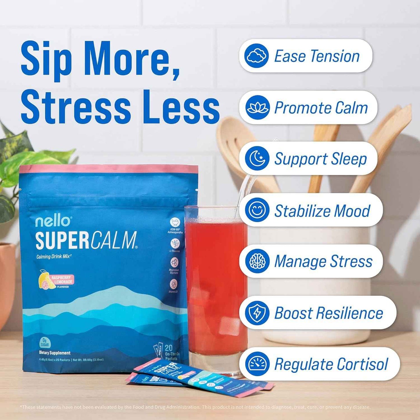 Nello Supercalm Powdered Drink Mix Cortisol Reducer Raspberry Lemonade