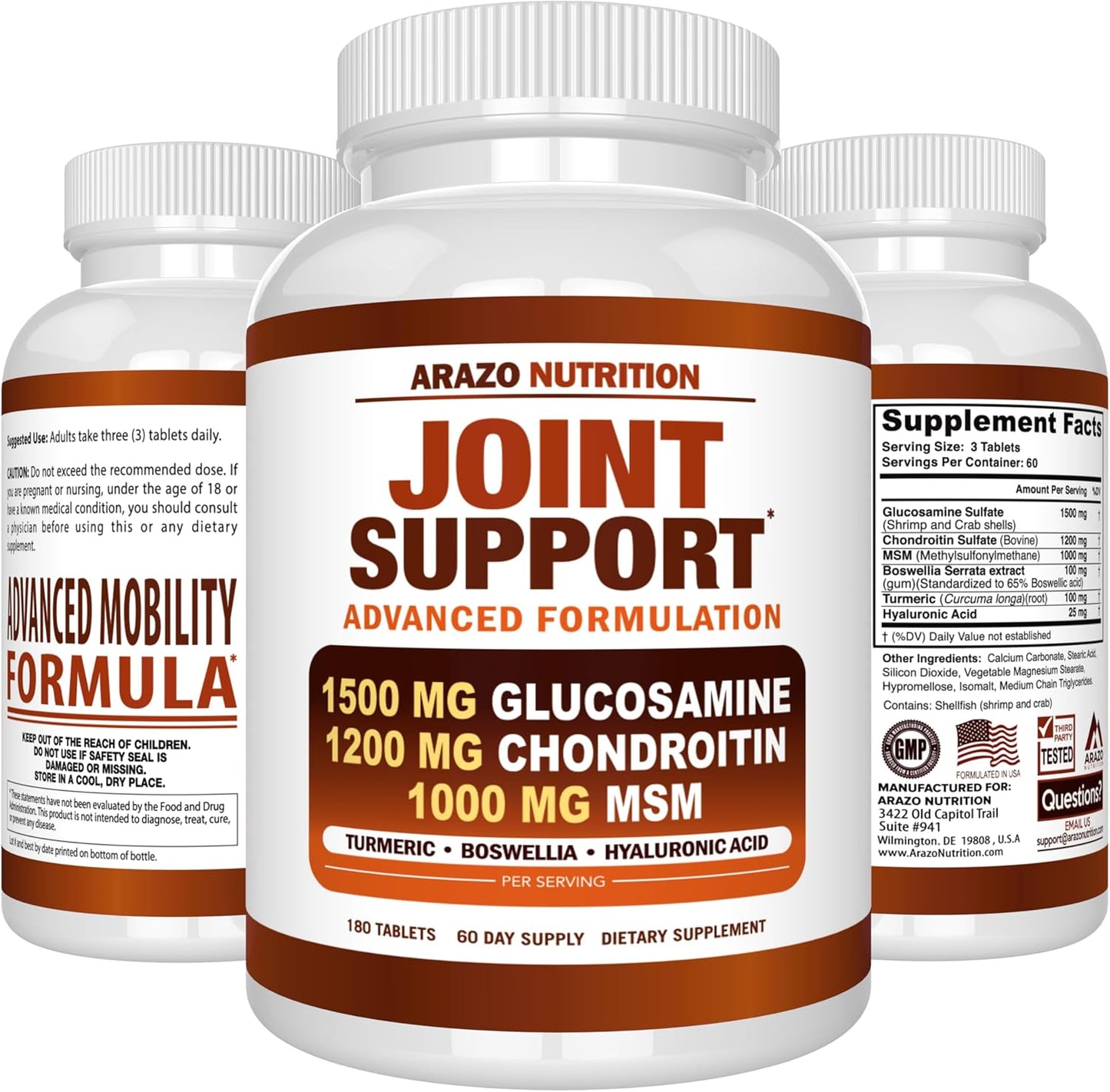 Arazo Nutrition Glucosamine Chondroitin Turmeric MSM Boswellia Joint Support Supplement 180 Tablets