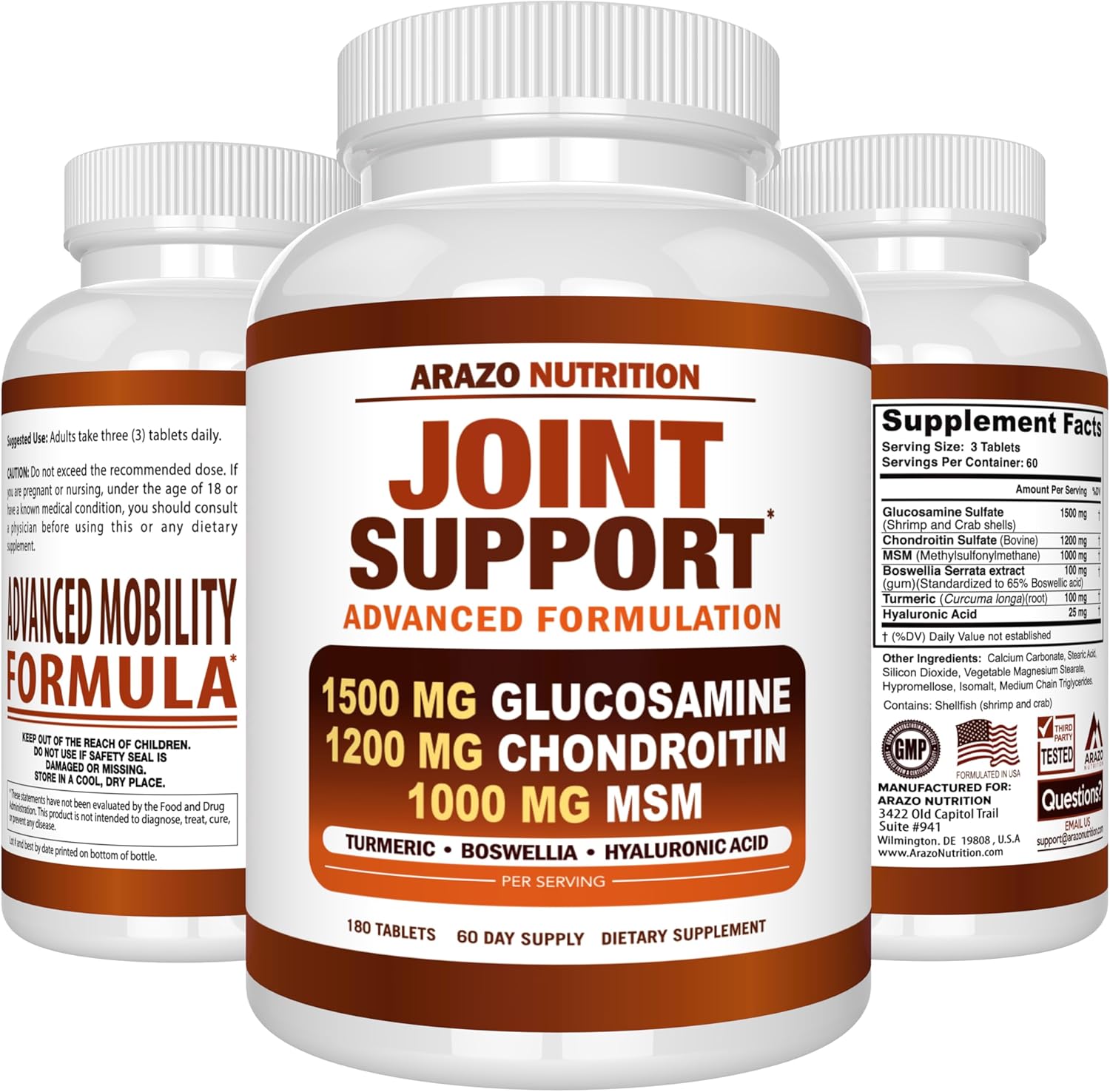 Arazo Nutrition Glucosamine Chondroitin Turmeric MSM Boswellia Joint Support Supplement 180 Tablets