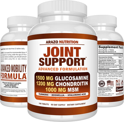 Arazo Nutrition Glucosamine Chondroitin Turmeric MSM Boswellia Joint Support Supplement 180 Tablets