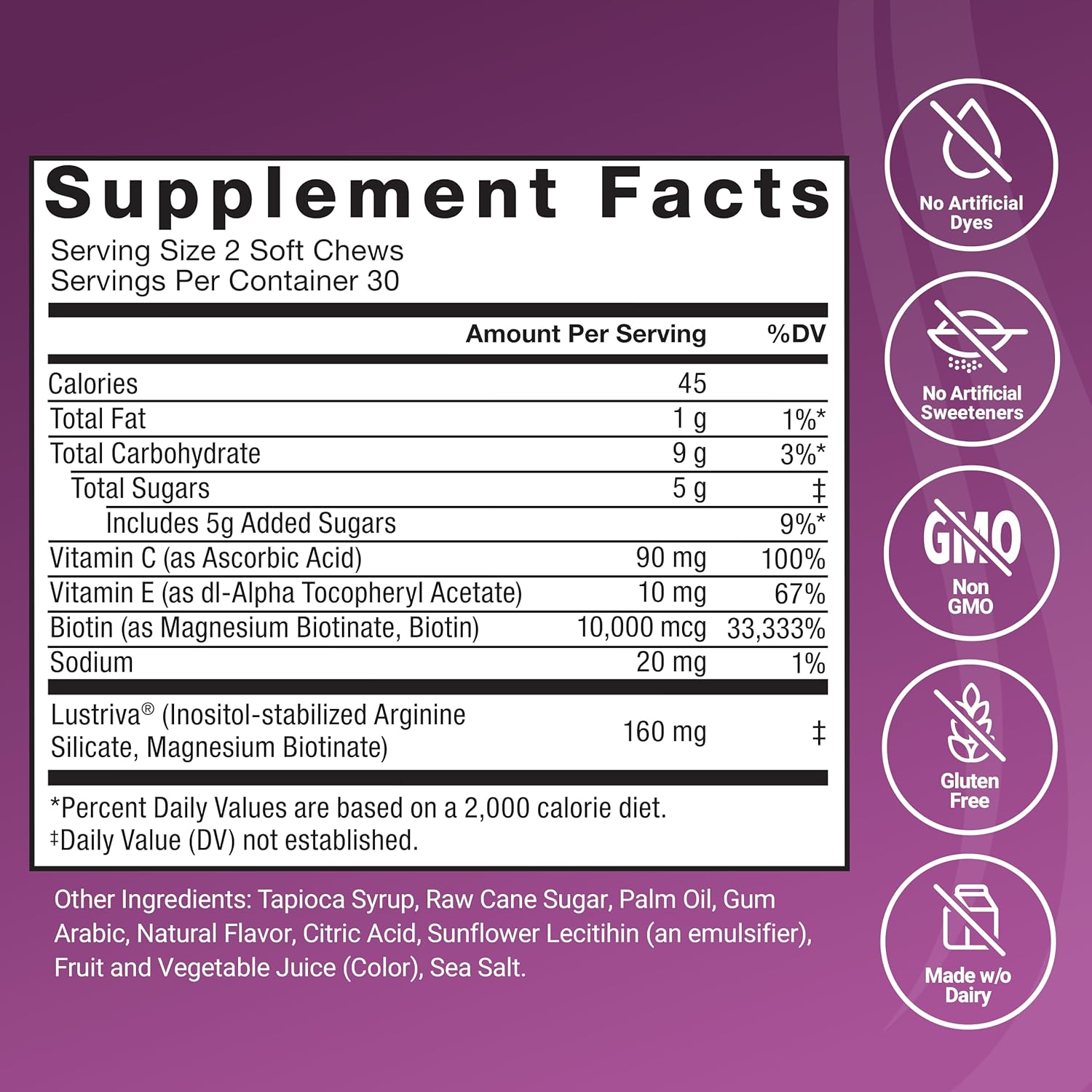 Force Factor Hair Growth Accelerator Soft Chews with Lustriva Biotin Mixed Berry 60 Count