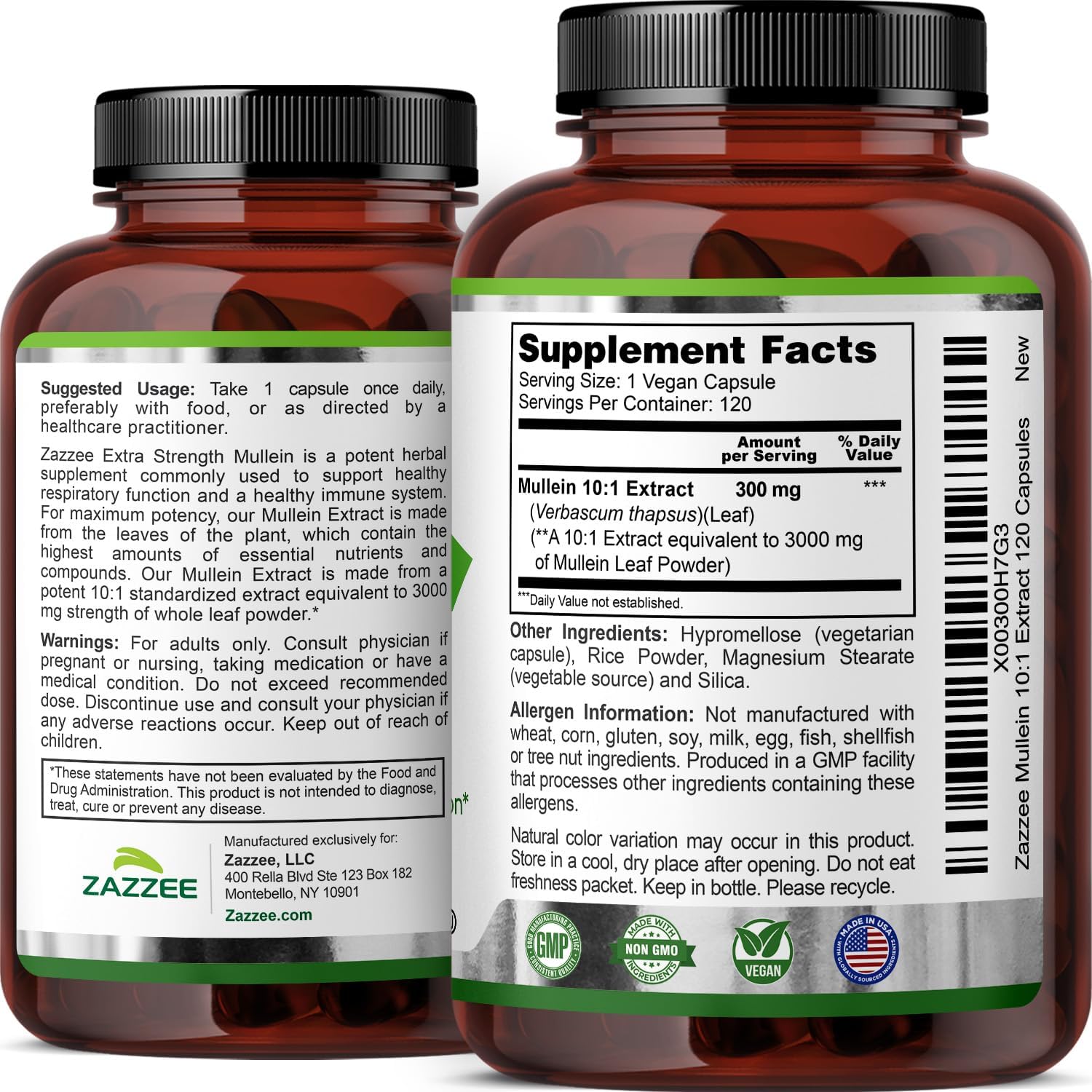 Zazzee Mullein Leaf Extra Strength Respiratory Support Capsules