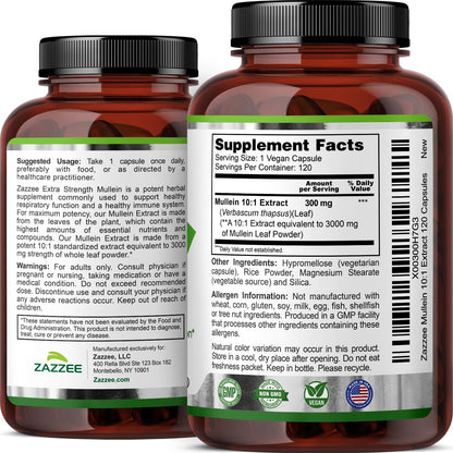 Zazzee Mullein Leaf Extra Strength Respiratory Support Capsules