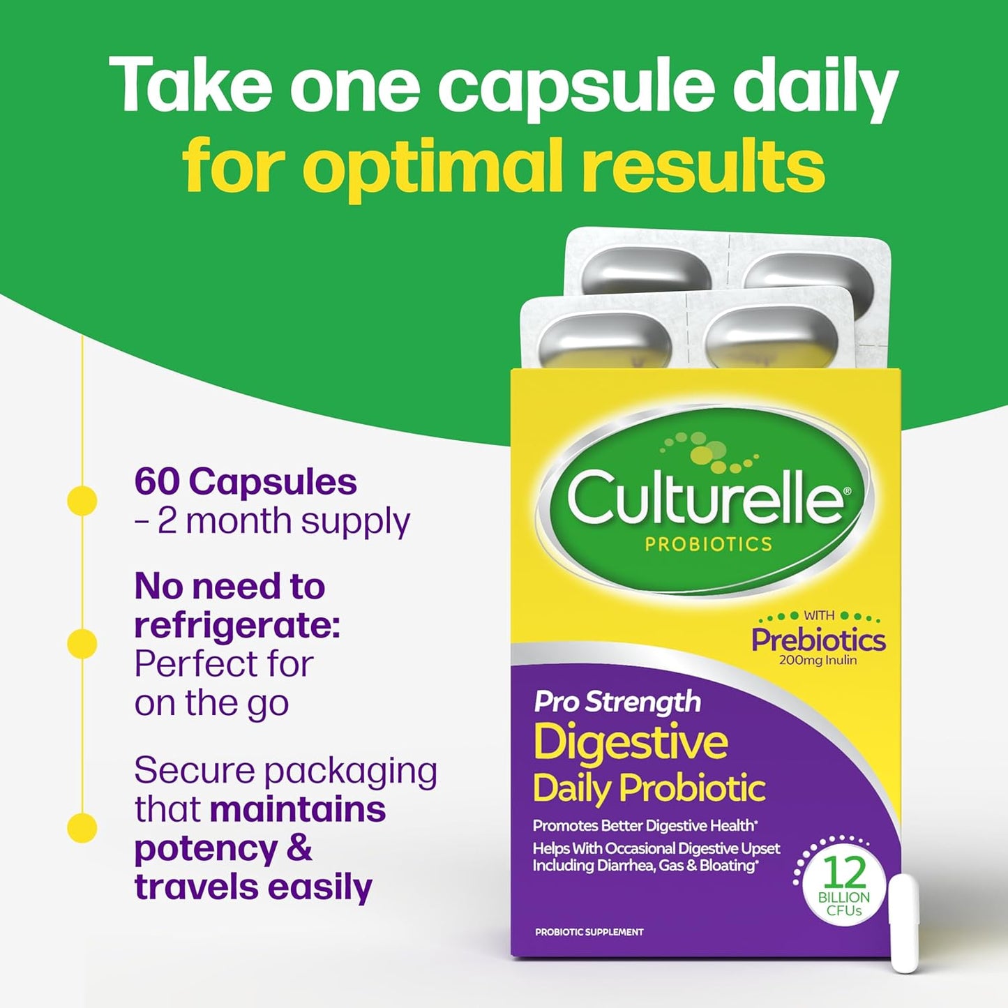 Culturelle Pro Strength Daily Probiotics Digestive Health 12 Billion CFUs 60 Count
