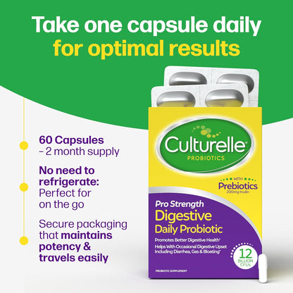 Culturelle Pro Strength Daily Probiotics Digestive Health 12 Billion CFUs 60 Count