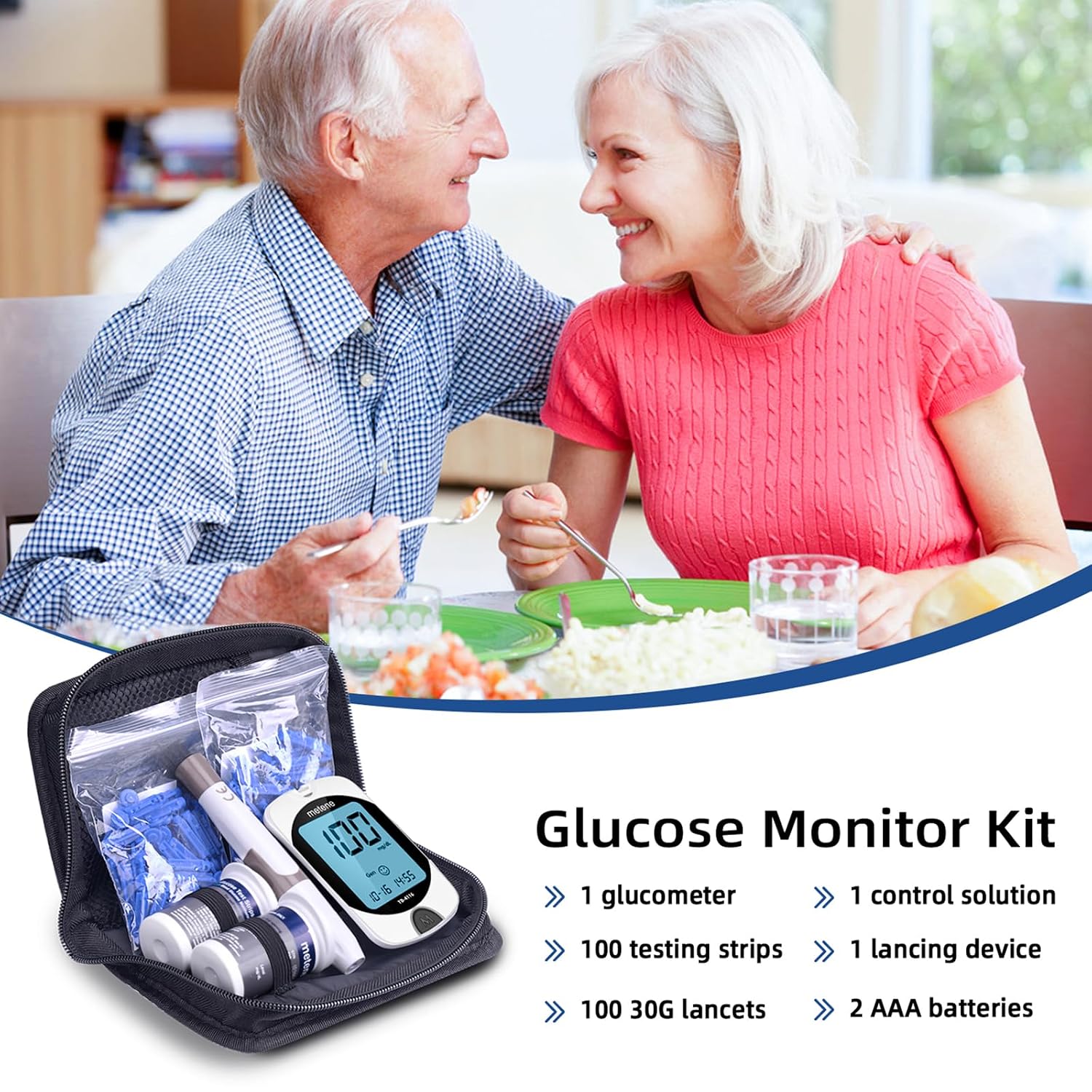 Metene TD-4116 Blood Glucose Monitor Kit 100 Strips No Coding 100 Lancets Lancing Device