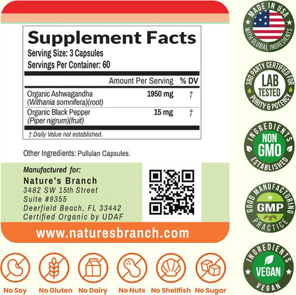 Nature's Branch Organic Ashwagandha Stress Sleep Mood Support Capsules 180 Count
