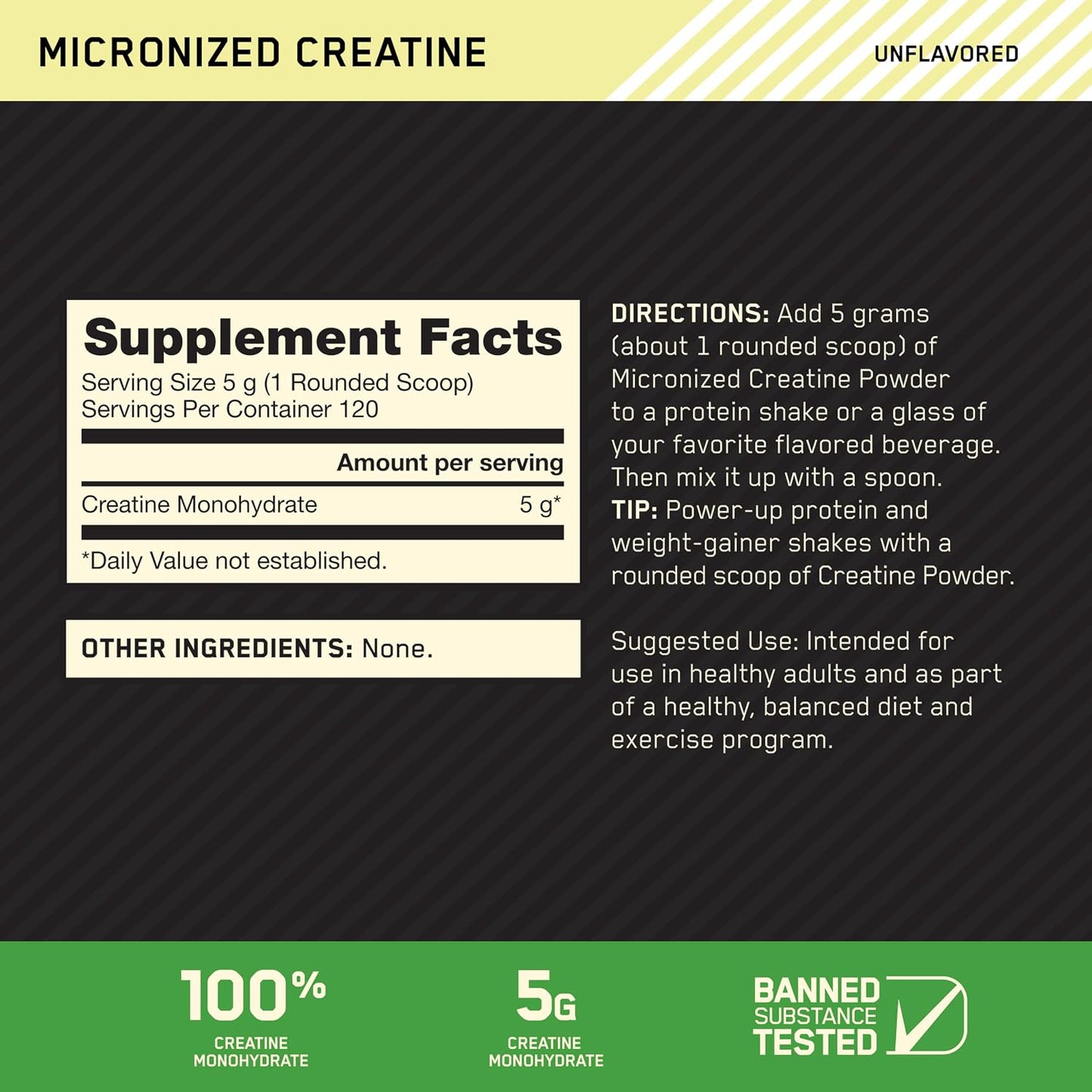 Optimum Nutrition Micronized Creatine Monohydrate Powder 5g Per Serving 120 Servings