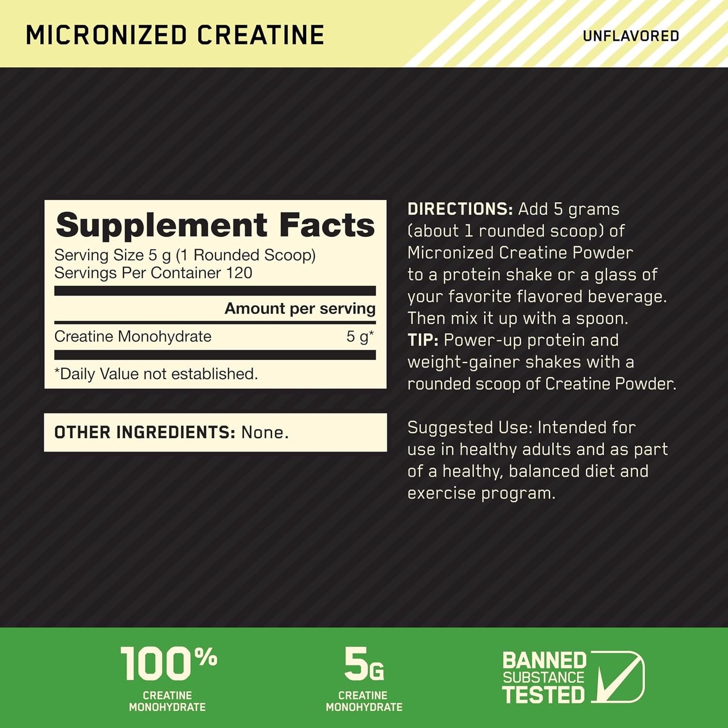 Optimum Nutrition Micronized Creatine Monohydrate Powder 5g Per Serving 120 Servings