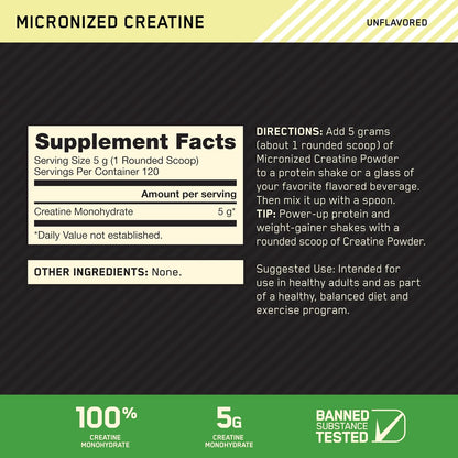 Optimum Nutrition Micronized Creatine Monohydrate Powder 5g Per Serving 120 Servings