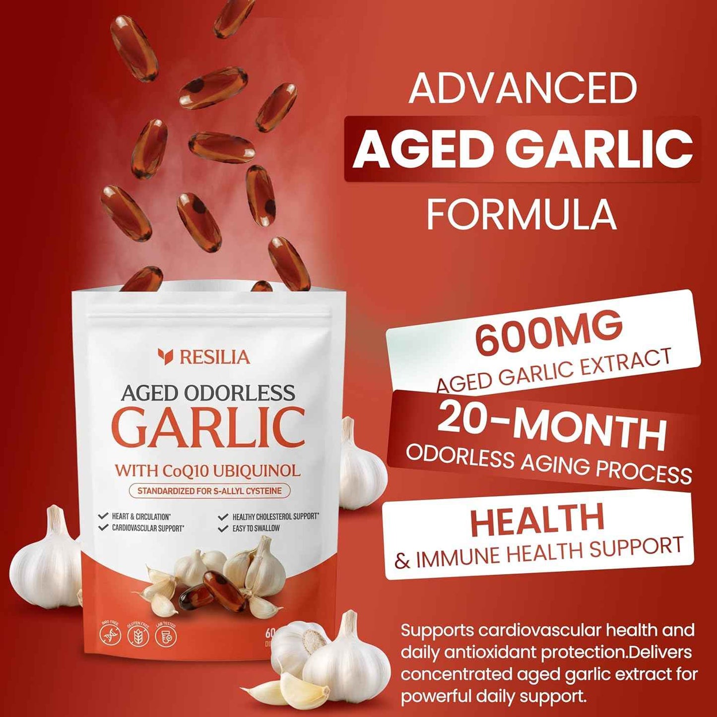 Resilia Odorless Aged Garlic Extract 600mg Softgels 60 Count