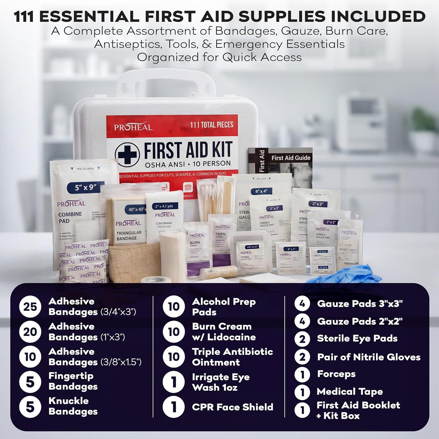 ProHeal OSHA Compliant First Aid Kit Type III ANSI Class A 111 Pieces Latex Free Wall Mountable for Car Home Office Truck Construction 10 Person