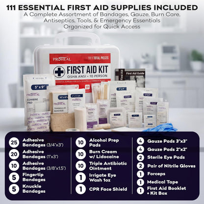 ProHeal OSHA Compliant First Aid Kit Type III ANSI Class A 111 Pieces Latex Free Wall Mountable for Car Home Office Truck Construction 10 Person